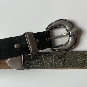 Vintage grey leather belt with western style silvery buckle